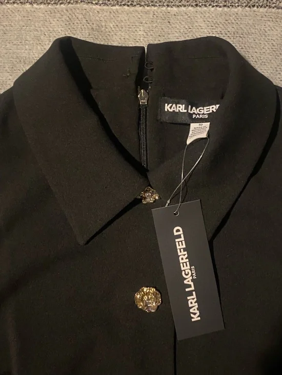 (NWT) KARL LAGERFELD- Black Sleeveless Button-Front Ruffle Hem Mini Dress 🖤 ✨ - Picture 7 of 16